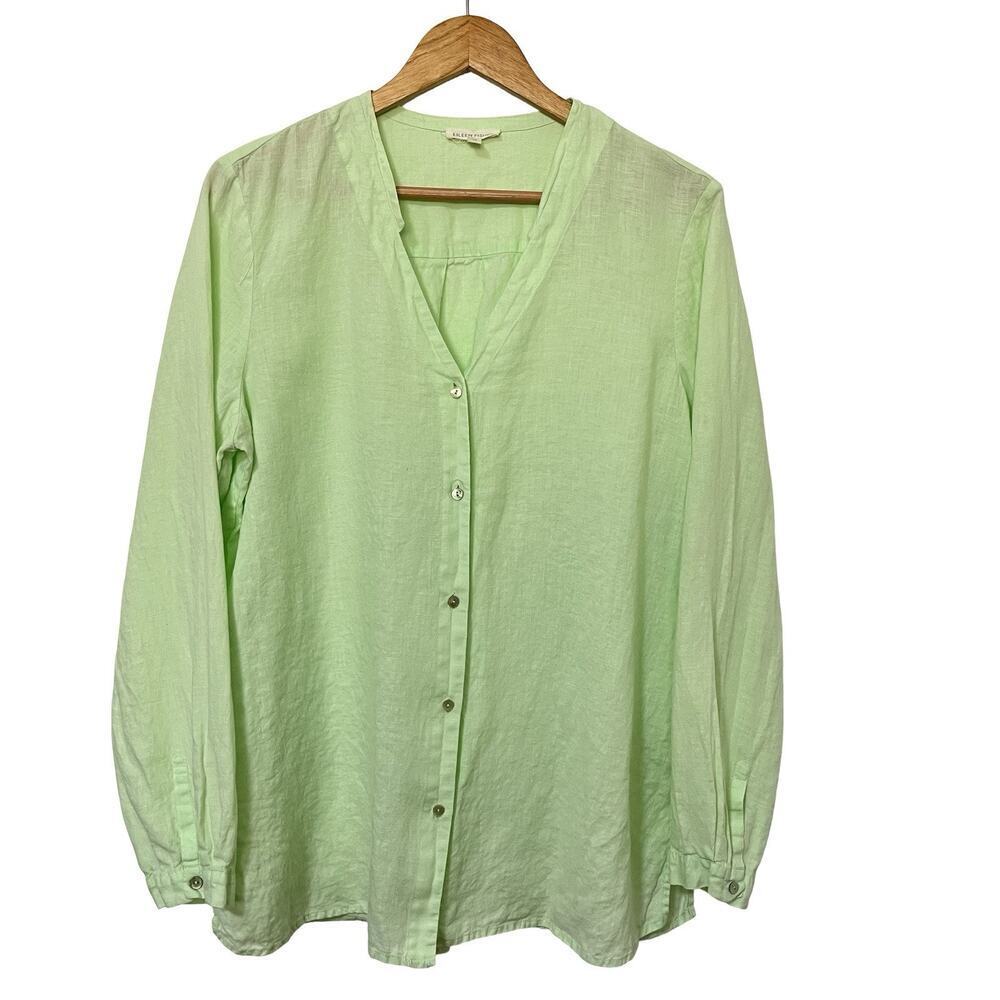 Eileen Fisher Irish Linen‎ Button Front Top Size M Lime Green Coastal Grandma